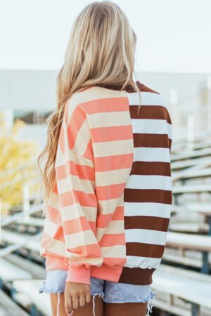 Alternative view of Brown Stripe Color Block Drop Shoulder Pullover Sweatshirt