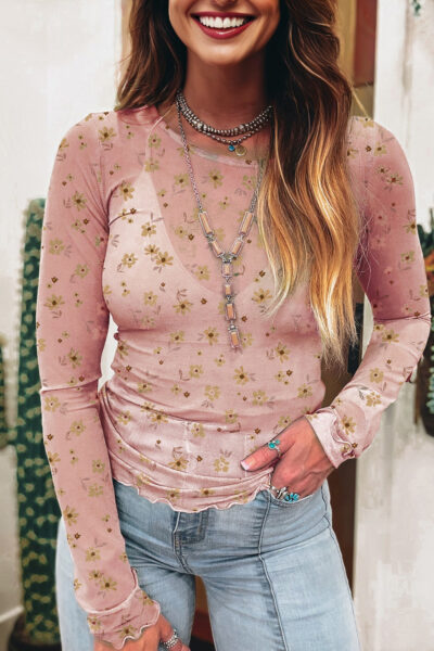 Pink Vintage Floral Print Southern Style Mesh Long Sleeve Top