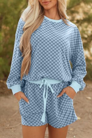 Sky Blue Checkerboard Long Sleeve Pullover and Shorts Set - Image 13