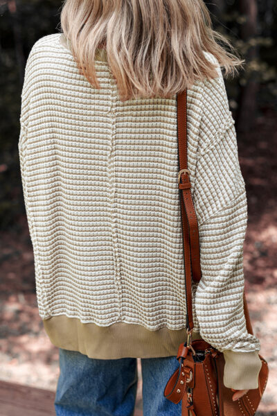 Brown Stripe Plus Size Breathable Knit Ribbed Trim Long Sleeve Top