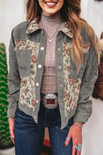 Medium Grey Ribbed Retro Floral Patchwork Shirt Style Jacket