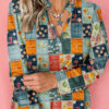 Sky Blue Fall Floral Half Placket Collared V Neck Blouse
