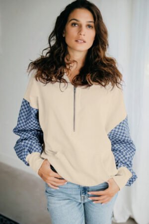 Parchment Checkered Patchwork Kangaroo Pocket Half Zipper Hoodie - Image 4
