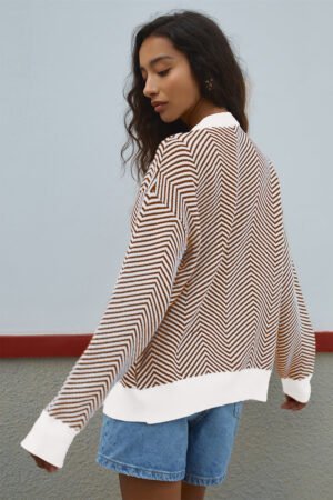 Alternative view of Brown Stripe Buttoned Front V Neck Herringbone Cardigan
