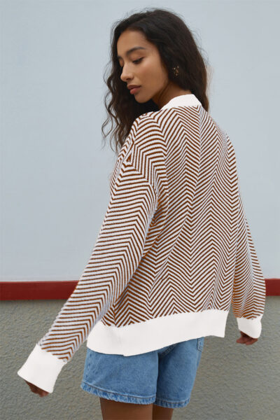 Brown Stripe Buttoned Front V Neck Herringbone Cardigan