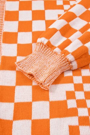 Orange Checkered Bubble Sleeve Drop Shoulder Open Cardigan - Image 8