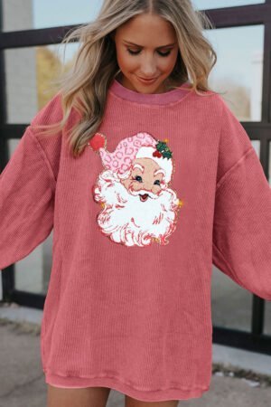 Strawberry Pink Santa Claus Sparkle Corded Crew Neck Sweatshirt - Image 3