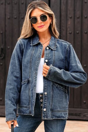 Sail Blue Scallop Trim Collar Patched Pocket Button Up Denim Jacket