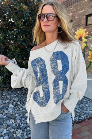 Light Grey Faded Varsity Print Loose Pullover Top - Image 3