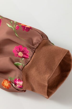 Brown Floral Sleeve Patchwork Round Neck Plus Blouse - Image 8