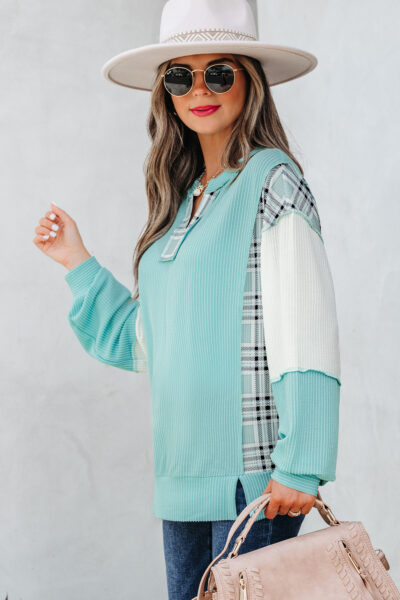 Aruba Blue Corded Texture Colorblock Patchwork Split Neck Long Sleeve Top