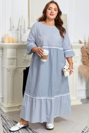 Sky Blue Stripe Crisscross Lace Detail Mixed Striped Patchwork Plus Size Shift Long Dress - Image 5