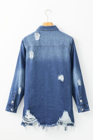 Sky Blue Light Wash Distressed Frayed Long Denim Jacket - Image 5