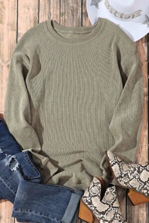 Green Solid Ribbed Knit Round Neck Pullover Sweatshirt - Image 6