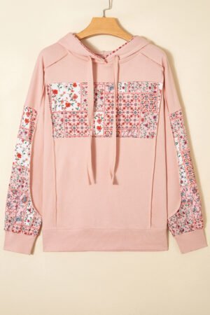 Delicacy Mix Floral Patchwork Side Slit Drawstring Hoodie - Image 4