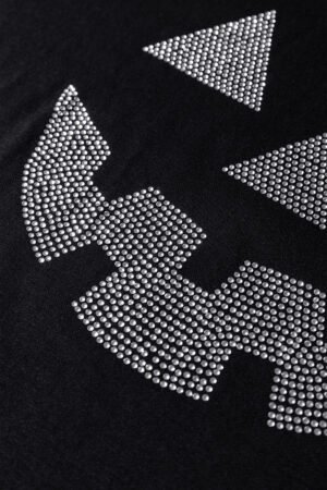 Black Halloween Rhinestone Pumpkin Face Contrast Ribbed Long Sleeve Patchwork Top - Image 5