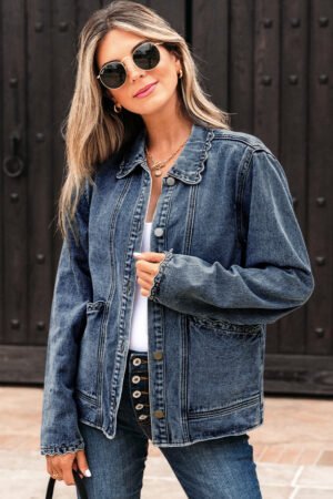 Sail Blue Scallop Trim Collar Patched Pocket Button Up Denim Jacket - Image 4