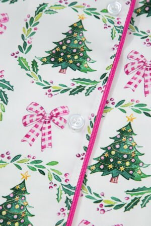 Green Christmas Fashion Print Velvet Trim Bow Knot Pajama 2pcs Short Set - Image 7