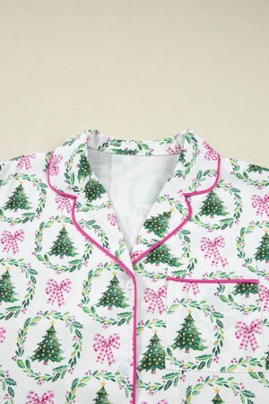 Green Christmas Fashion Print Velvet Trim Bow Knot Pajama 2pcs Short Set - Image 5
