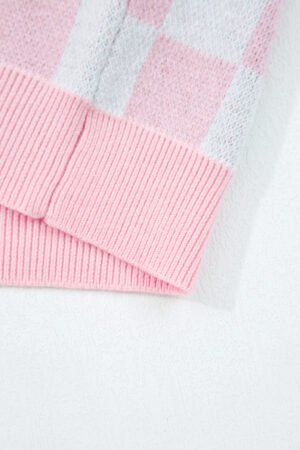 Pink Checkered Christmas Tree Pattern Button V Neck Cardigan Sweater - Image 9