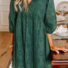 Blackish Green Embroidered Eyelet Pattern 3/4 Puffy Sleeve Swing Mini Dress