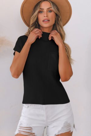 Black Patch Pocket Ribbed Knit Short Sleeve Sweater - Image 7