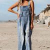 Stone Blue Distressed Bib Pocket Wide Leg Denim Overall