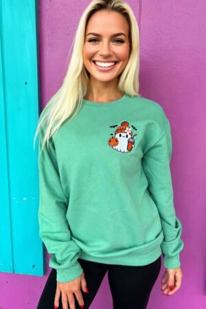 Aruba Blue Cute Halloween Ghost Embroidered Casual Sweatshirt - Image 2