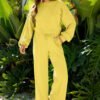 Yellow Cream Drop Shoulder Puff Sleeve Crop Pullover Drawstring Wide Leg Pants Set