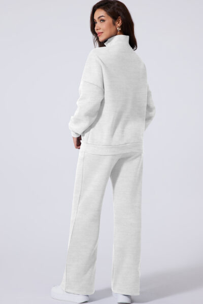 Light Grey Drop Shoulder Zip Up Jacket Drawstring Pants Active 2pcs Set