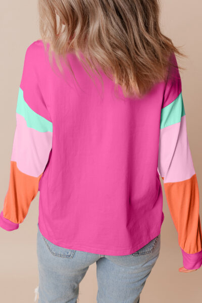 Rose Red Colorblock Patchwork Long Sleeve Loose Top