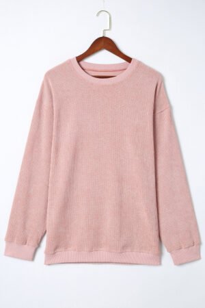 Pink Solid Ribbed Knit Round Neck Pullover Sweatshirt - Image 6