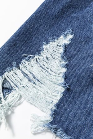 Sky Blue Light Wash Distressed Frayed Long Denim Jacket - Image 6