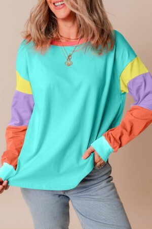 Light Blue Colorblock Patchwork Long Sleeve Loose Top - Image 3