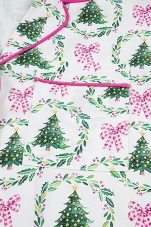 Green Christmas Fashion Print Velvet Trim Bow Knot Pajama 2pcs Short Set - Image 8