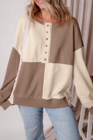 Parchment Colorblock Henley High Low Oversize Sweatshirt - Image 5