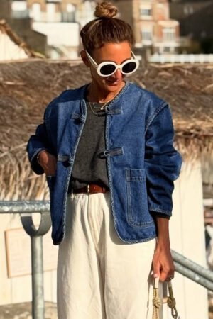 Sail Blue Vintage Fastening Big Patched Pockets Straight Cut Deep Wash Denim Jacket - Image 3