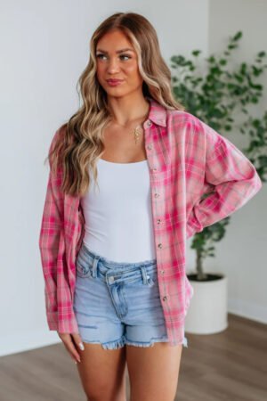 Sachet Pink Plaid Print Rounded Hem Long Sleeve Shirt with Pockets - Image 4