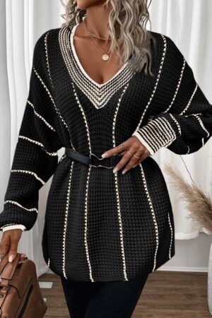 Black Colorblock Striped V Neck Knitted Loose Sweater - Image 3