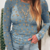 Sky Blue Vintage Floral Print Southern Style Mesh Long Sleeve Top