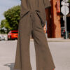 Brown Textured Loose Fit T Shirt and Drawstring Pants Set