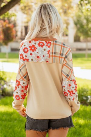 Parchment Floral Plaid Patchwork Casual Top - Image 5