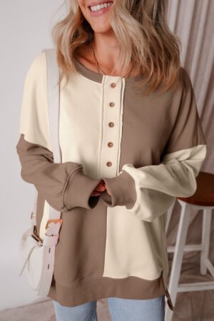 Parchment Colorblock Henley High Low Oversize Sweatshirt - Image 4