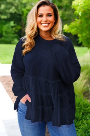 Navy Blue Tiered Ruffle Ribbed Crew Neck Pullover Plus Size Top - Image 3