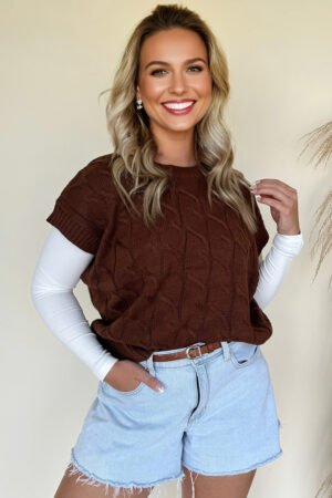 Alternative view of Dark Brown Cable Texture Crew Neck Short Sleeve Sweater Top