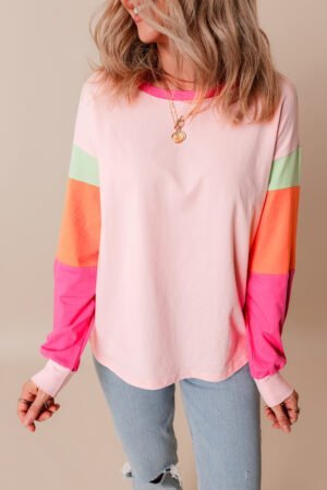 Pink Colorblock Patchwork Long Sleeve Loose Top - Image 5