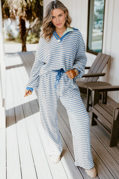 Sky Blue Stripe Collared Pullover Top and Drawstring Pant Set