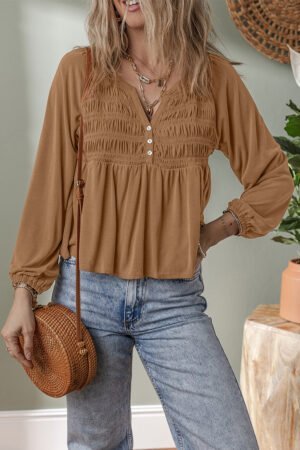 Cinnamon Smocked Bust Buttoned Split V Neck Flow Fit Blouse - Image 5