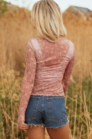 Pink Vintage Floral Print Southern Style Mesh Long Sleeve Top - Image 2