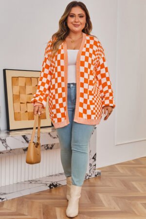 Orange Checkered Bubble Sleeve Drop Shoulder Open Cardigan - Image 6
